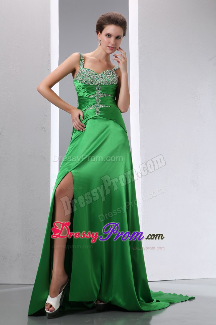 Straps Beaded Slitted Green Prom Gown Dress Court Train