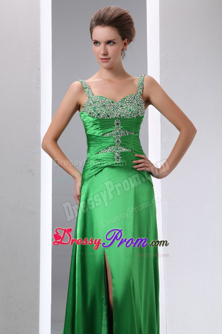 Straps Beaded Slitted Green Prom Gown Dress Court Train