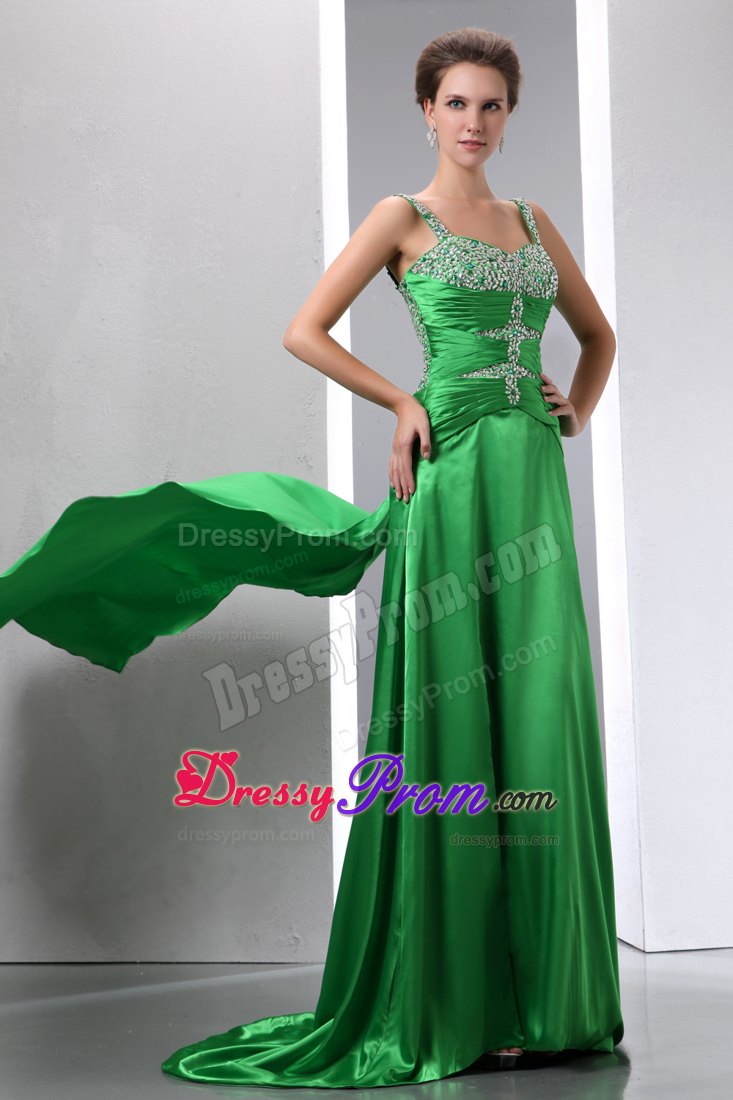 Straps Beaded Slitted Green Prom Gown Dress Court Train