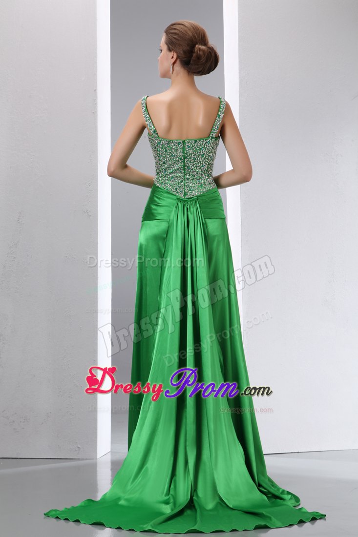 Straps Beaded Slitted Green Prom Gown Dress Court Train