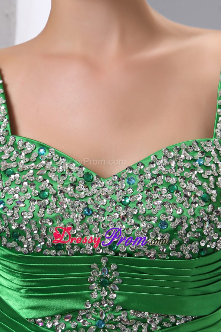 Straps Beaded Slitted Green Prom Gown Dress Court Train