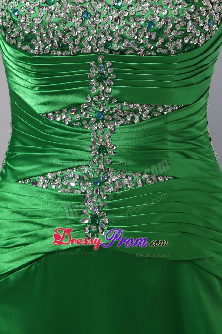 Straps Beaded Slitted Green Prom Gown Dress Court Train