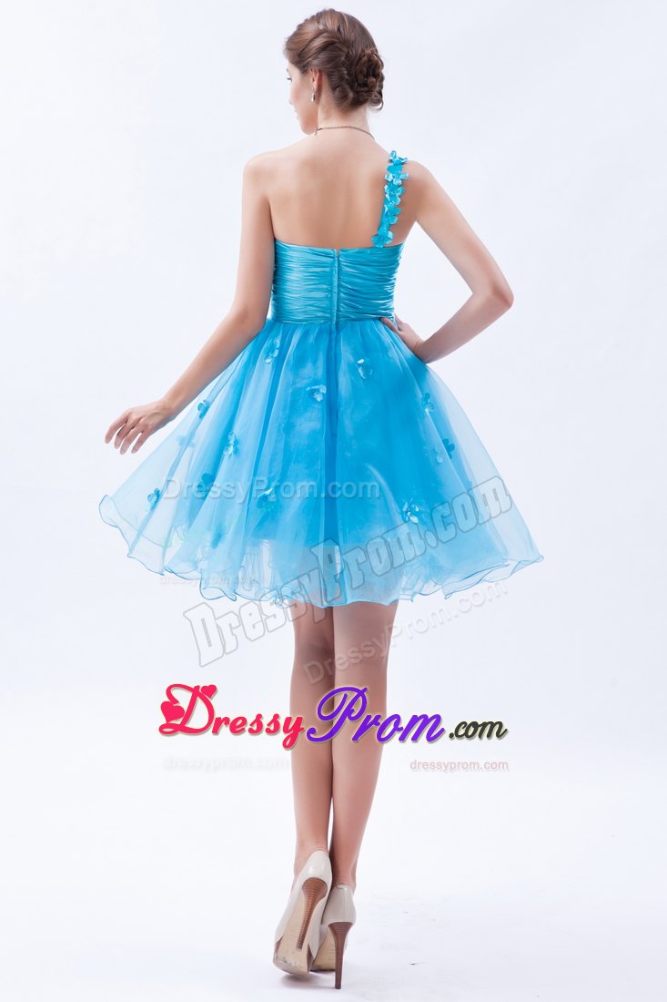 Baby Blue One Shoulder Mini Organza Prom Dama Dress with Appliques