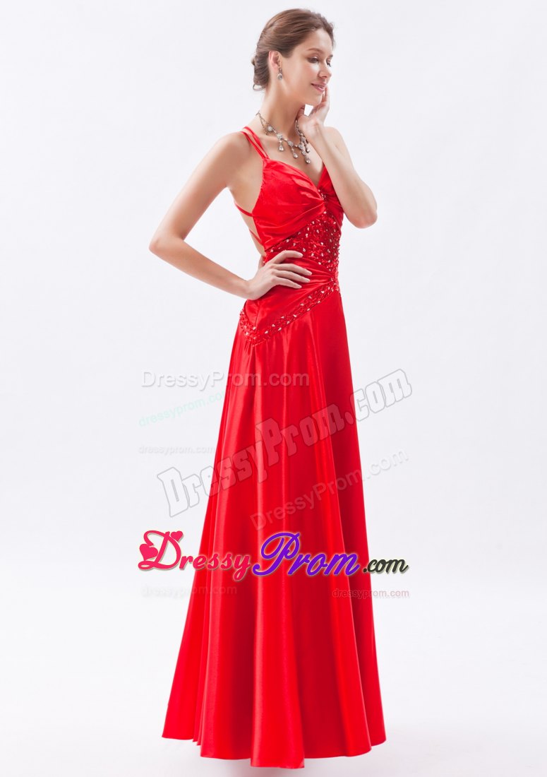 Beading Accent Red Floor Length Prom Dama Dresses with Criss Cross