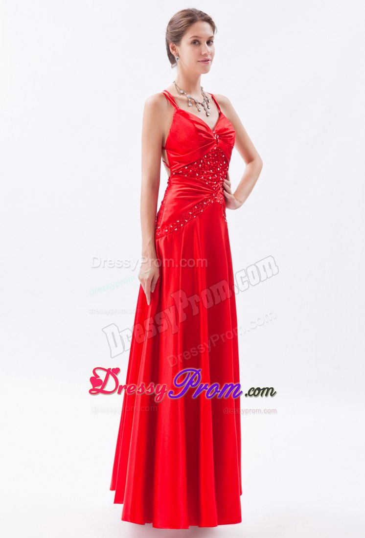 Beading Accent Red Floor Length Prom Dama Dresses with Criss Cross