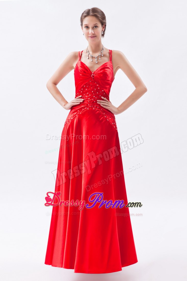 Beading Accent Red Floor Length Prom Dama Dresses with Criss Cross