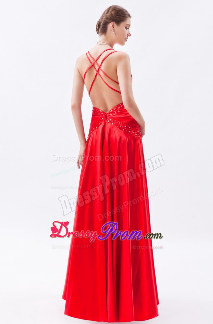 Beading Accent Red Floor Length Prom Dama Dresses with Criss Cross