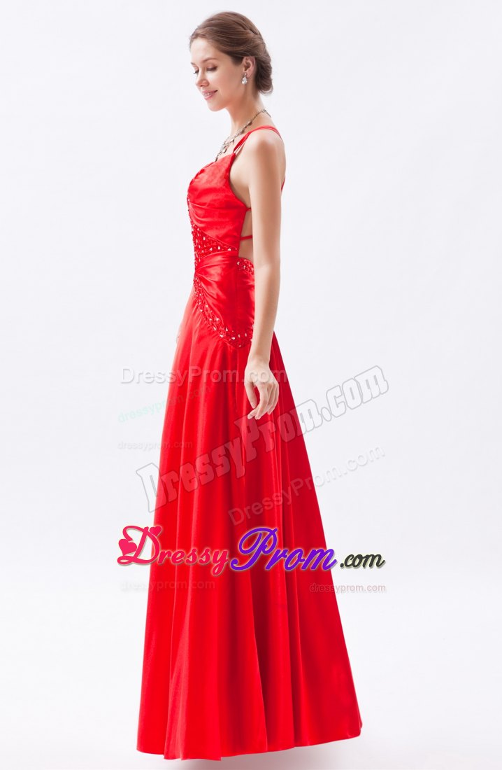 Beading Accent Red Floor Length Prom Dama Dresses with Criss Cross