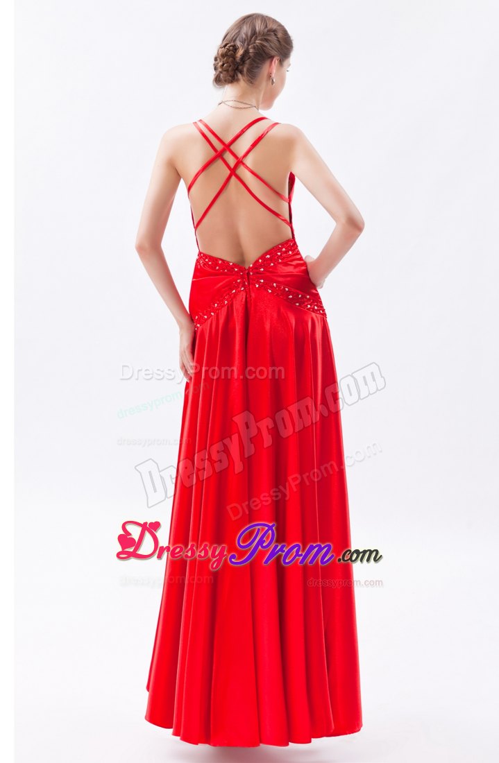 Beading Accent Red Floor Length Prom Dama Dresses with Criss Cross