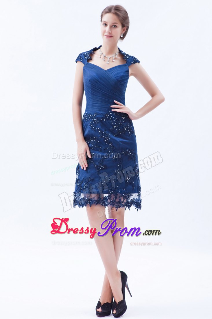 Blue Square Mini Length Prom Dama Dresses with Lace Appliques