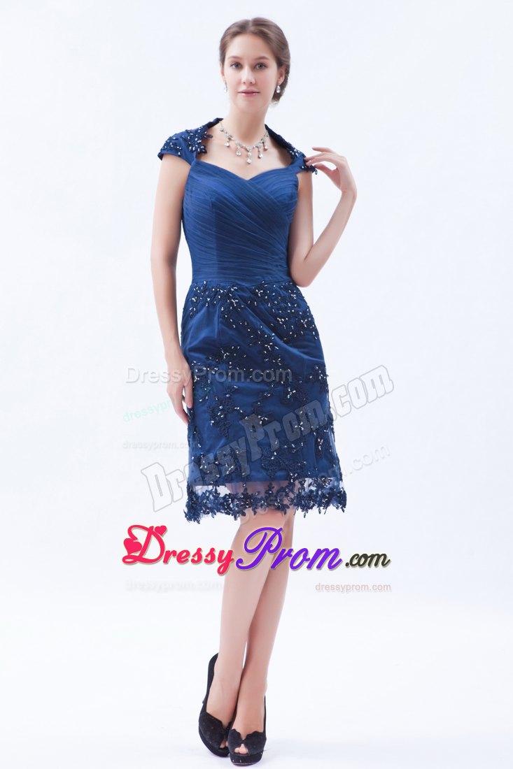Blue Square Mini Length Prom Dama Dresses with Lace Appliques