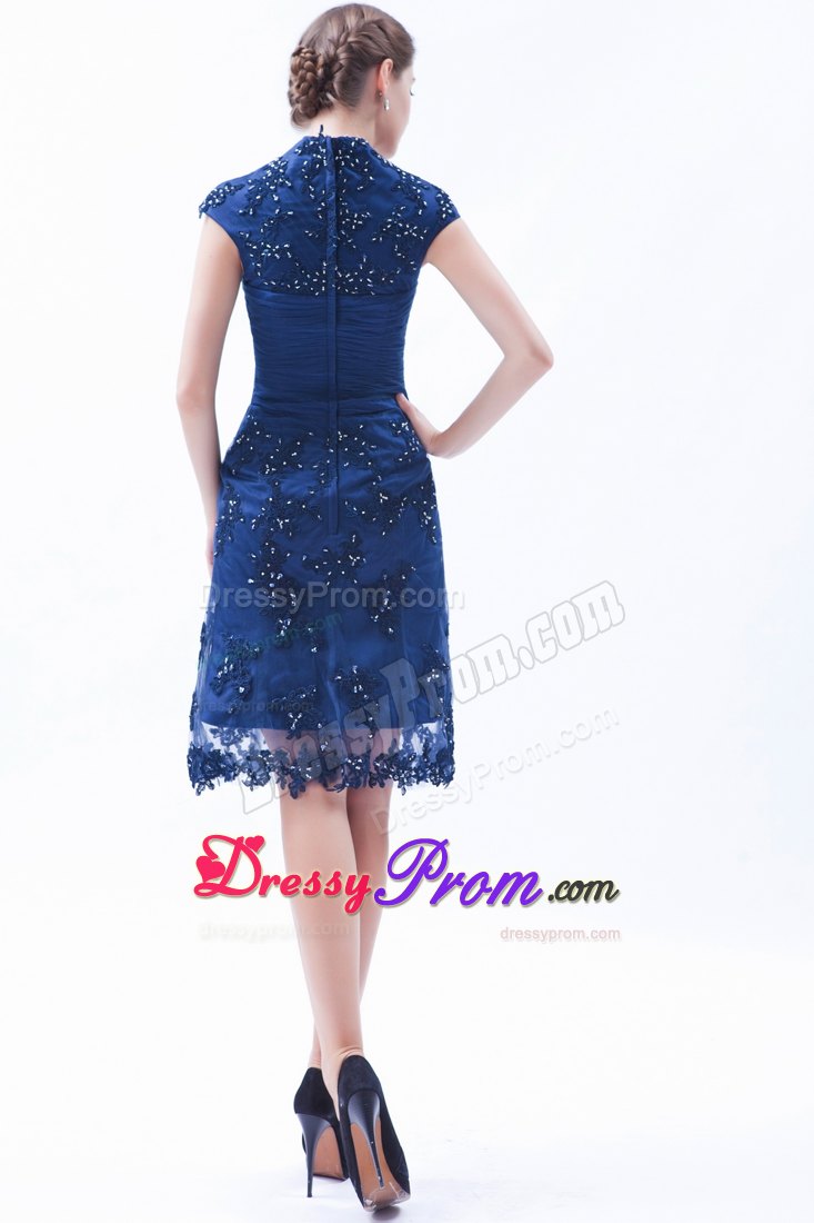 Blue Square Mini Length Prom Dama Dresses with Lace Appliques