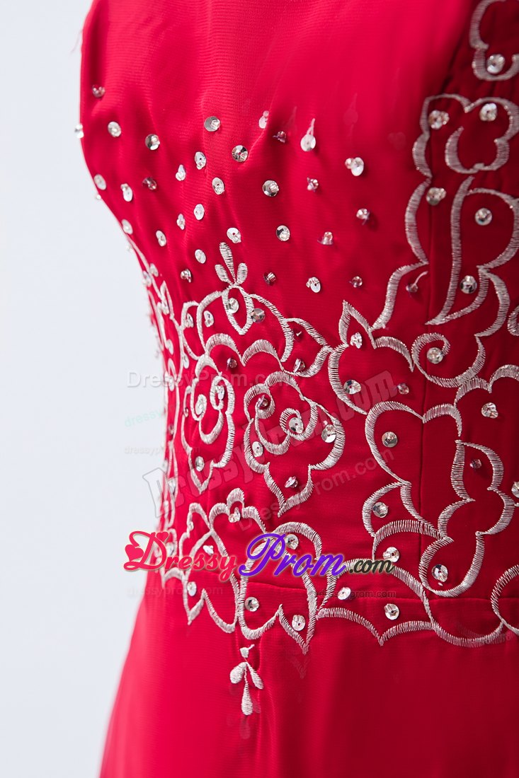 Embroidered Straps Beading Coral Red Floor Length Prom Dama Dress