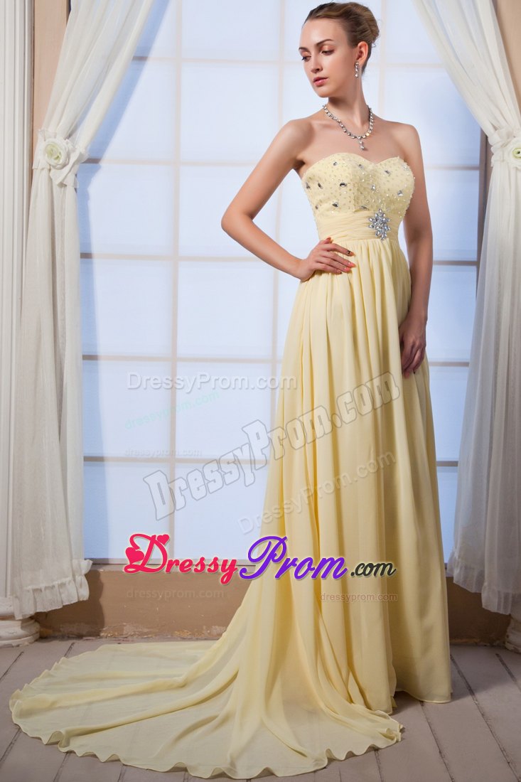 Beading Brush Train Accent Prom Dama Dresses in Light Yellow 2014