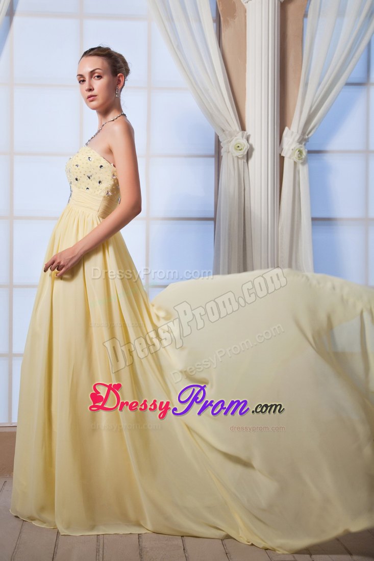 Beading Brush Train Accent Prom Dama Dresses in Light Yellow 2014