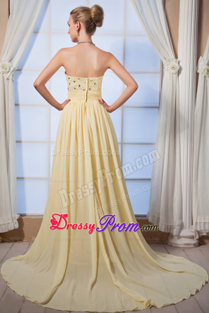Beading Brush Train Accent Prom Dama Dresses in Light Yellow 2014