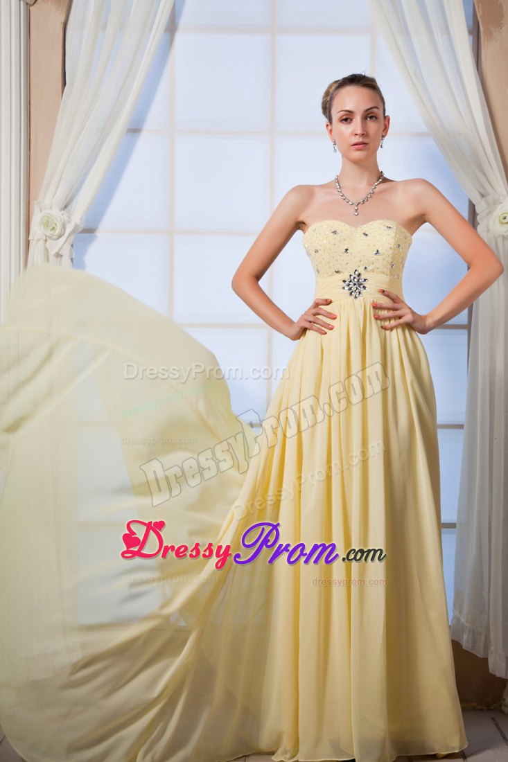 Beading Brush Train Accent Prom Dama Dresses in Light Yellow 2014