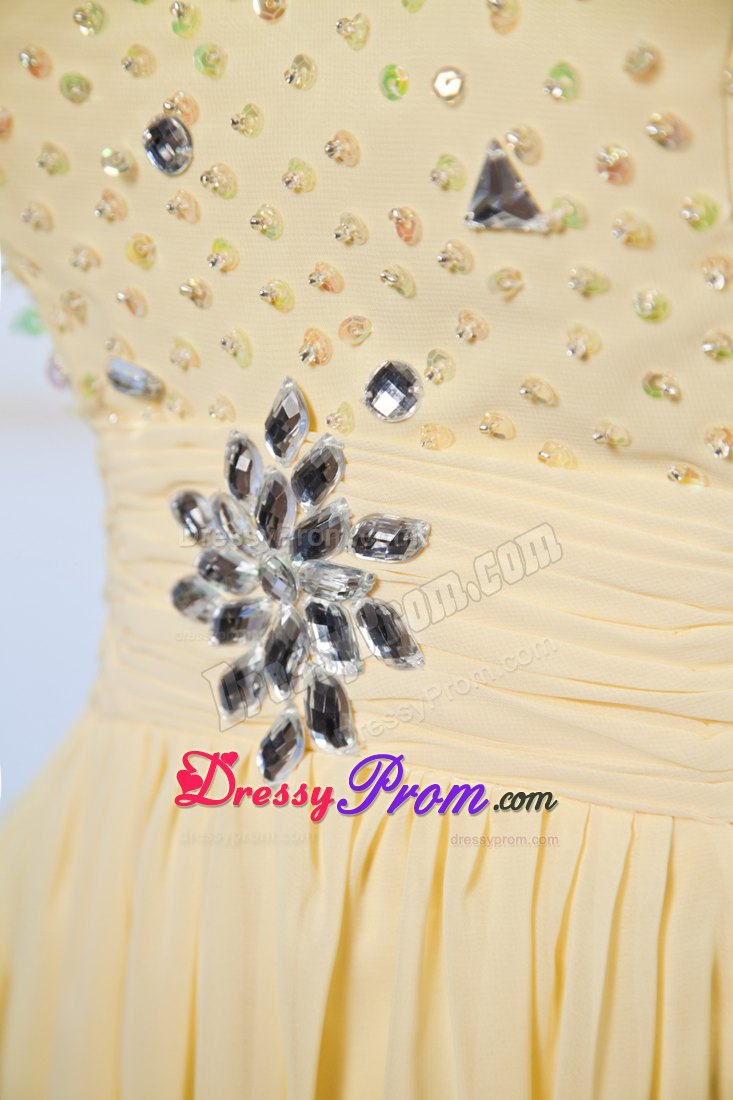 Beading Brush Train Accent Prom Dama Dresses in Light Yellow 2014