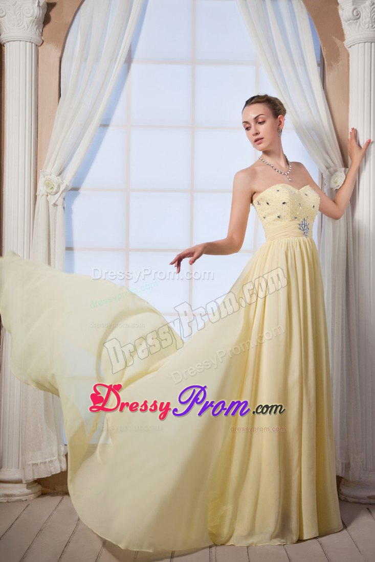 Beading Brush Train Accent Prom Dama Dresses in Light Yellow 2014