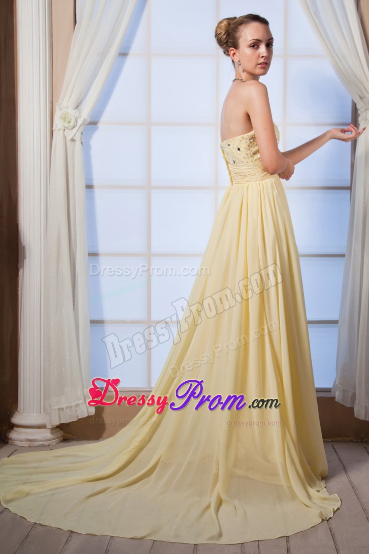 Beading Brush Train Accent Prom Dama Dresses in Light Yellow 2014