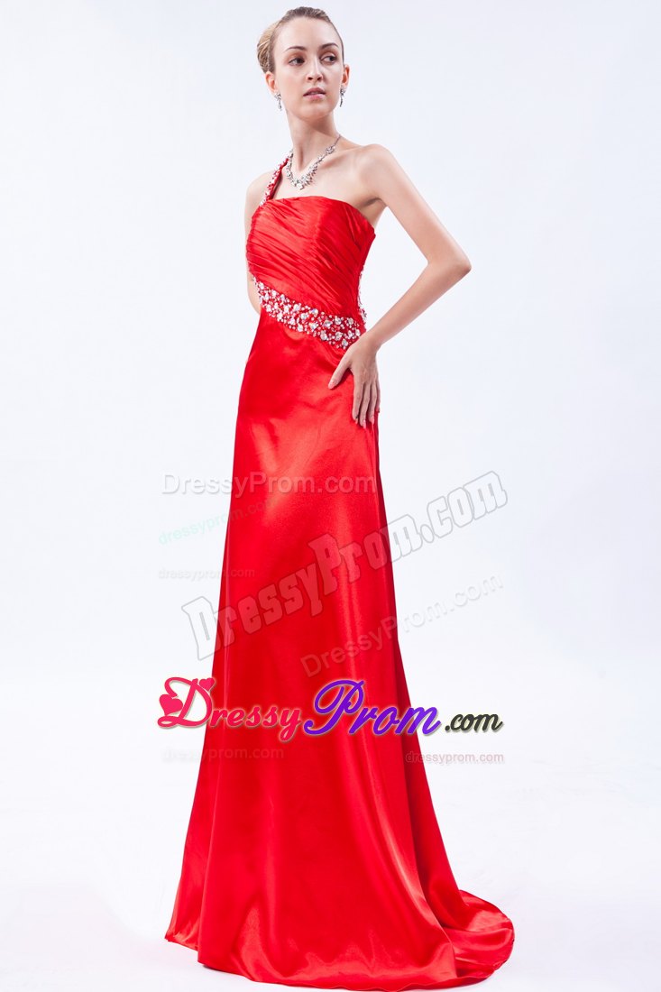 Red One Shoulder Brush Prom Homecoming Dress with Beading Ruches
