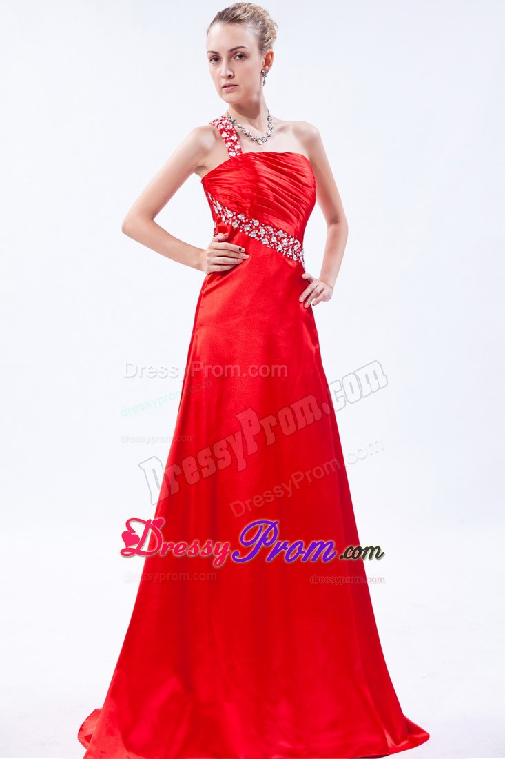 Red One Shoulder Brush Prom Homecoming Dress with Beading Ruches
