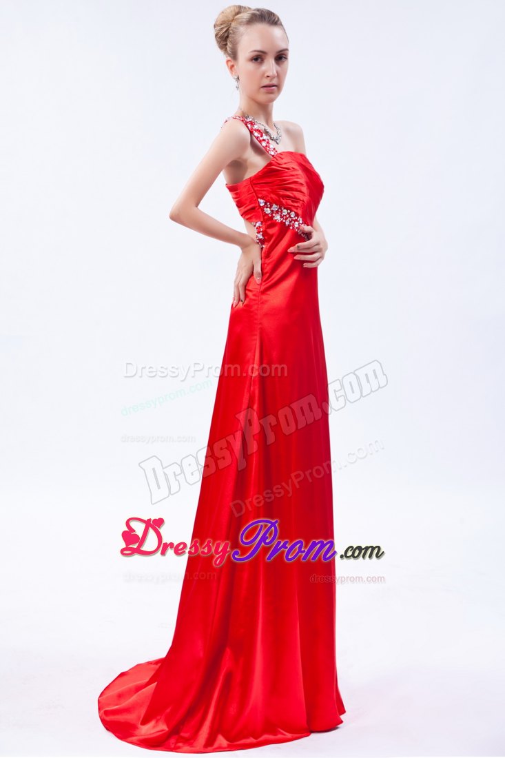 Red One Shoulder Brush Prom Homecoming Dress with Beading Ruches