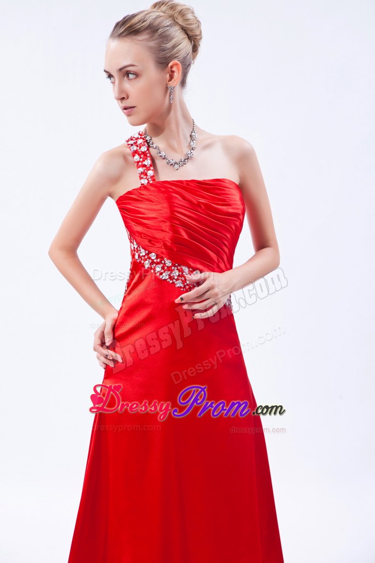 Red One Shoulder Brush Prom Homecoming Dress with Beading Ruches