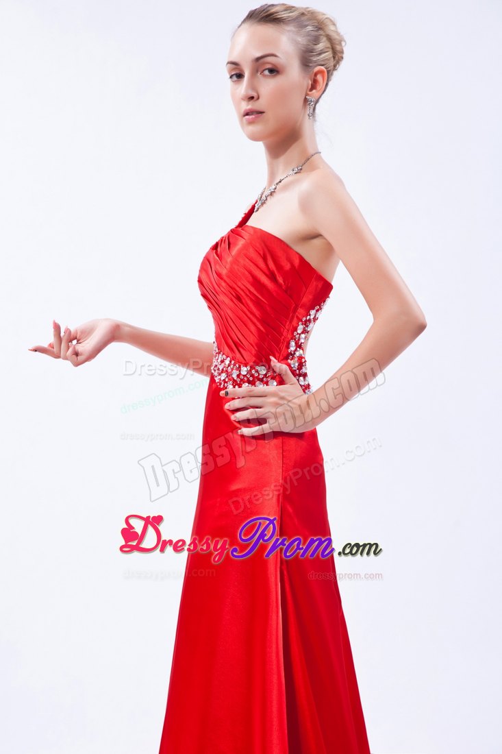 Red One Shoulder Brush Prom Homecoming Dress with Beading Ruches
