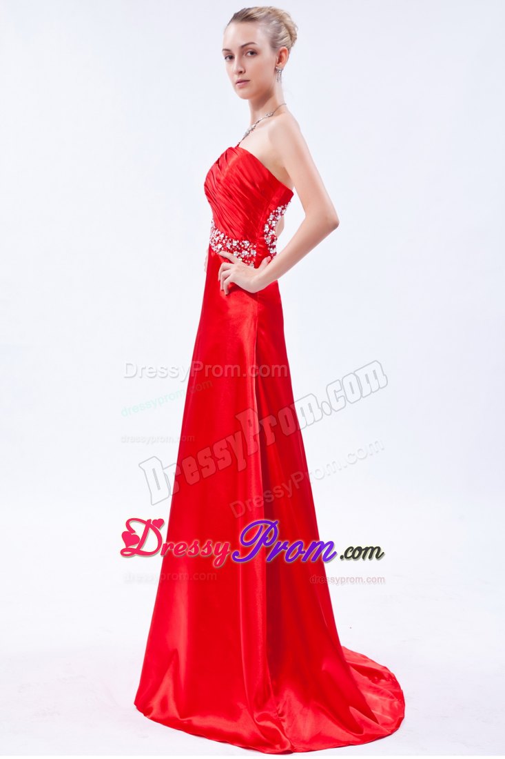 Red One Shoulder Brush Prom Homecoming Dress with Beading Ruches