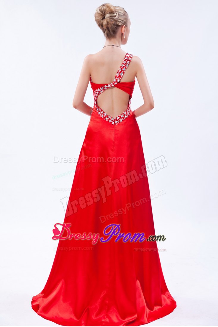 Red One Shoulder Brush Prom Homecoming Dress with Beading Ruches