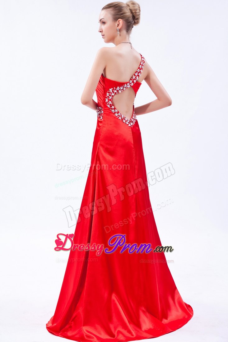 Red One Shoulder Brush Prom Homecoming Dress with Beading Ruches