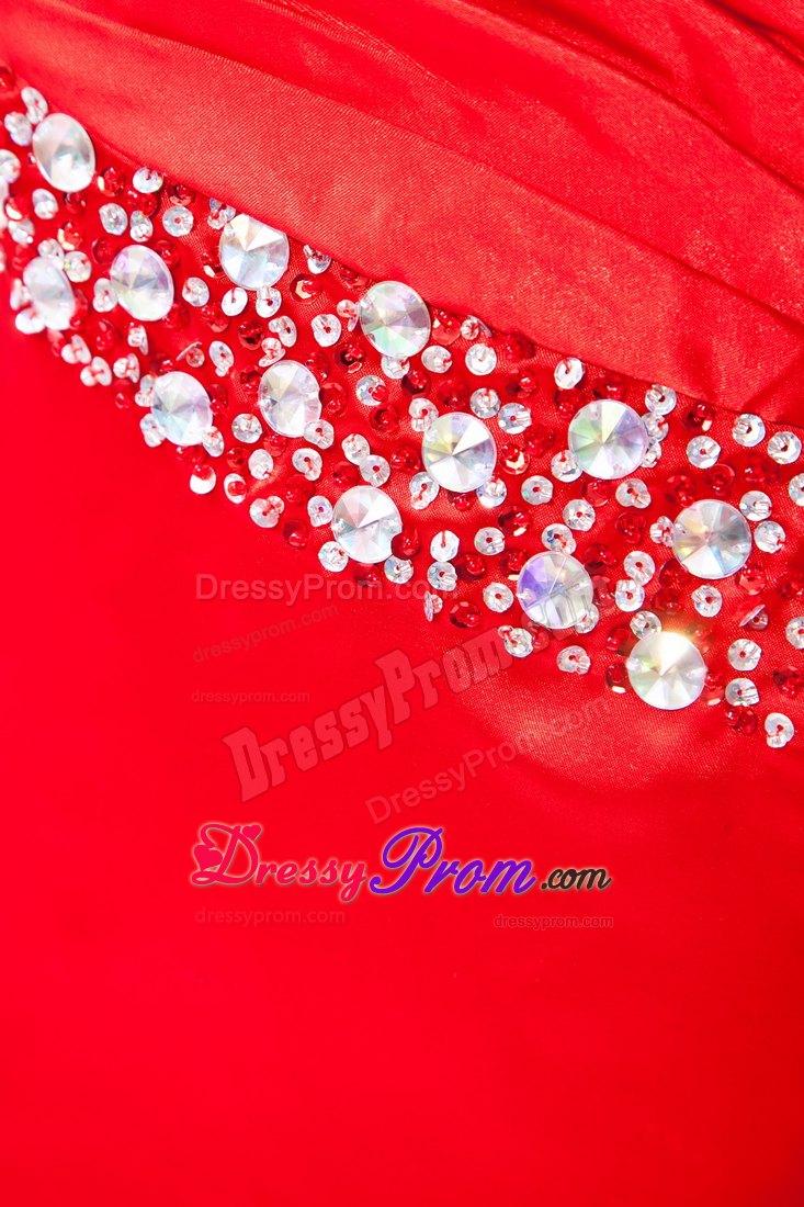 Red One Shoulder Brush Prom Homecoming Dress with Beading Ruches