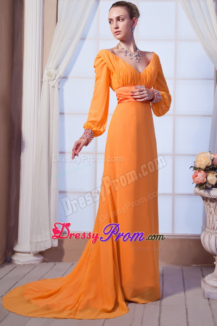 Orange Red V-neck Chiffon Prom Holiday Dresses with Long Sleeves