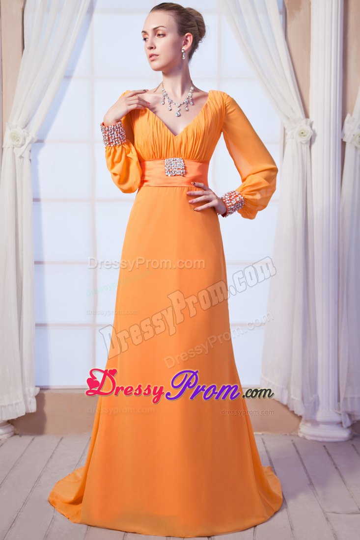 Orange Red V-neck Chiffon Prom Holiday Dresses with Long Sleeves