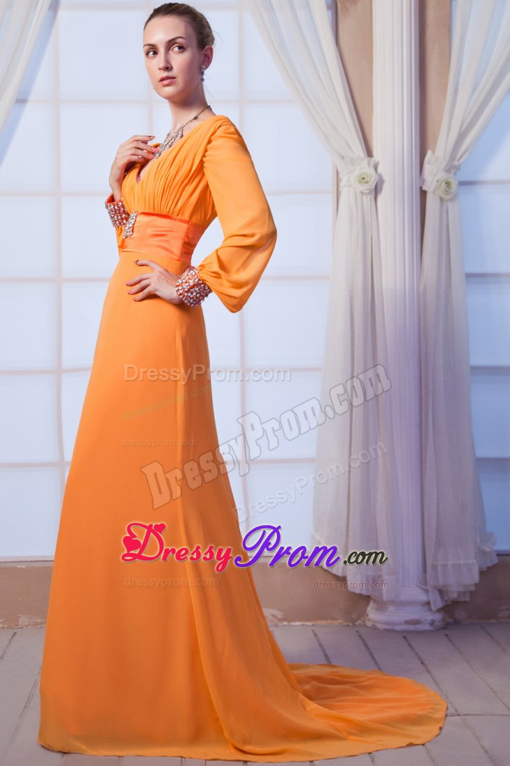 Orange Red V-neck Chiffon Prom Holiday Dresses with Long Sleeves