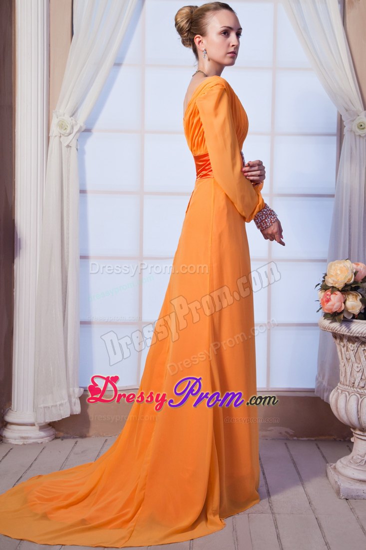 Orange Red V-neck Chiffon Prom Holiday Dresses with Long Sleeves