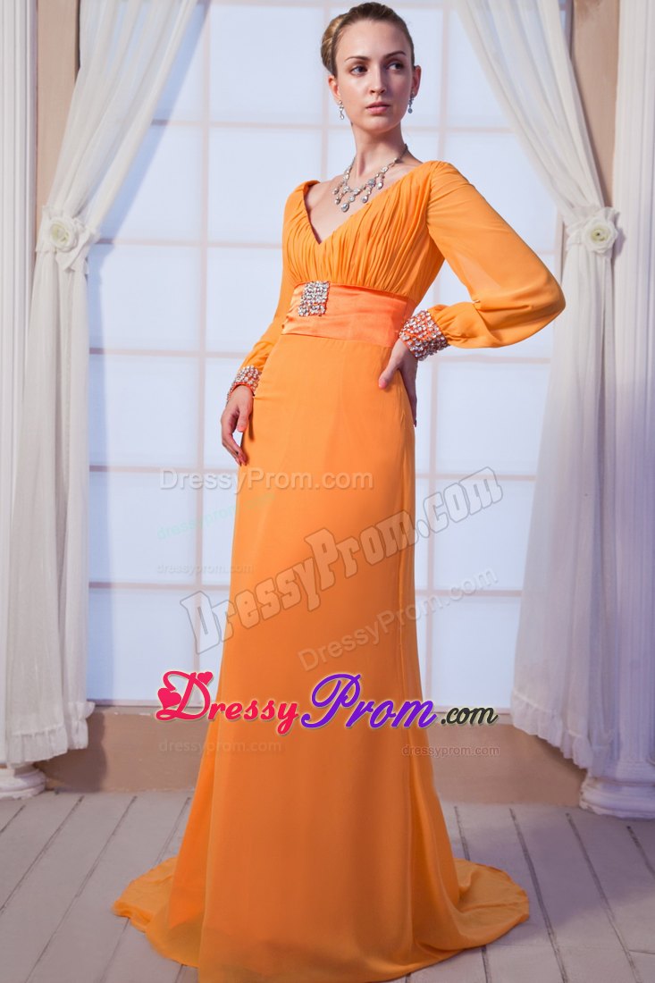 Orange Red V-neck Chiffon Prom Holiday Dresses with Long Sleeves