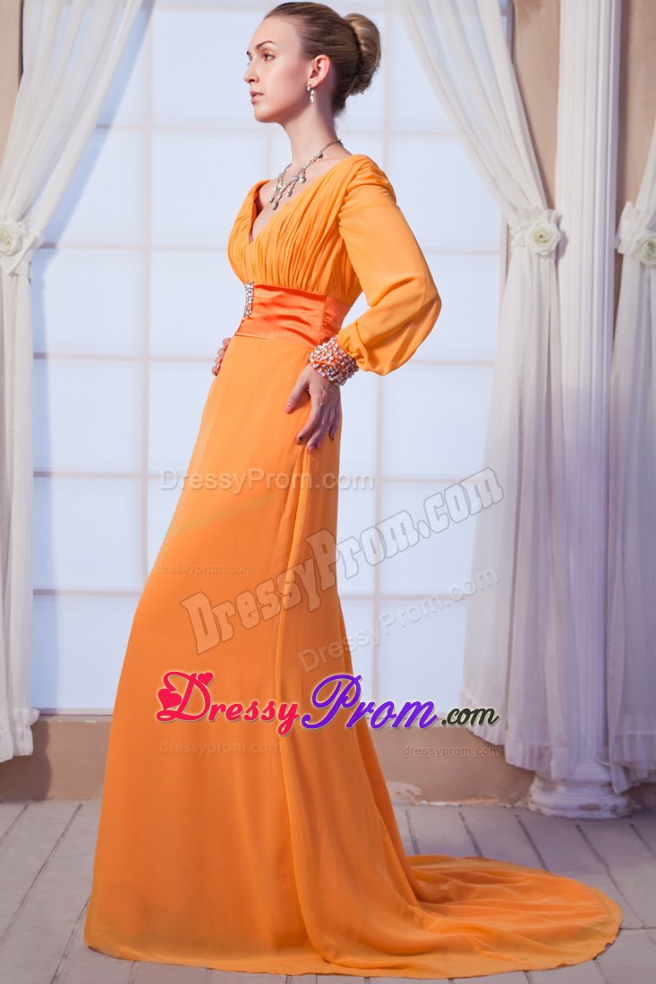 Orange Red V-neck Chiffon Prom Holiday Dresses with Long Sleeves