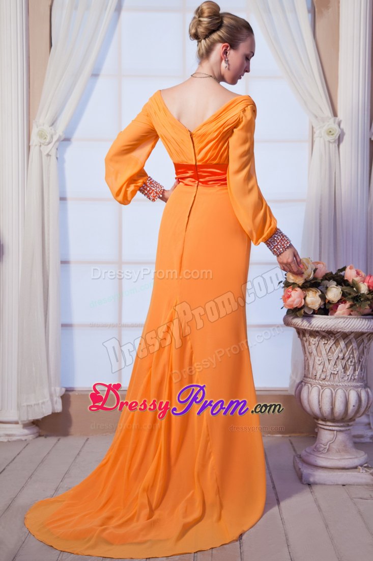 Orange Red V-neck Chiffon Prom Holiday Dresses with Long Sleeves