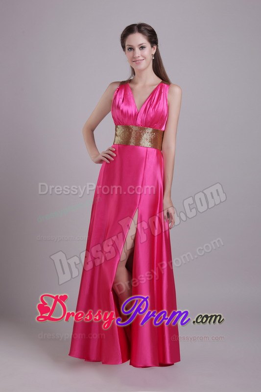Hot Pink v-Neck Slitted Prom Dress for Girls with Crisscross Back