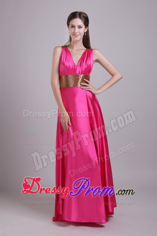 Hot Pink v-Neck Slitted Prom Dress for Girls with Crisscross Back