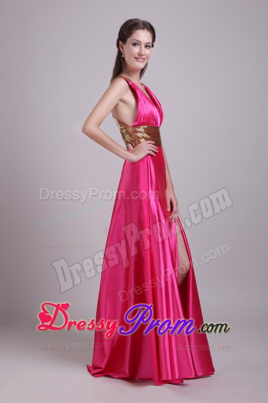 Hot Pink v-Neck Slitted Prom Dress for Girls with Crisscross Back