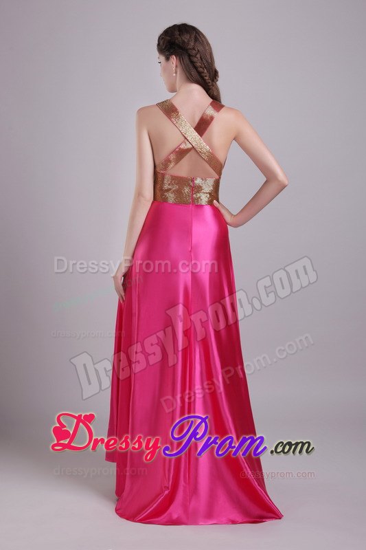 Hot Pink v-Neck Slitted Prom Dress for Girls with Crisscross Back