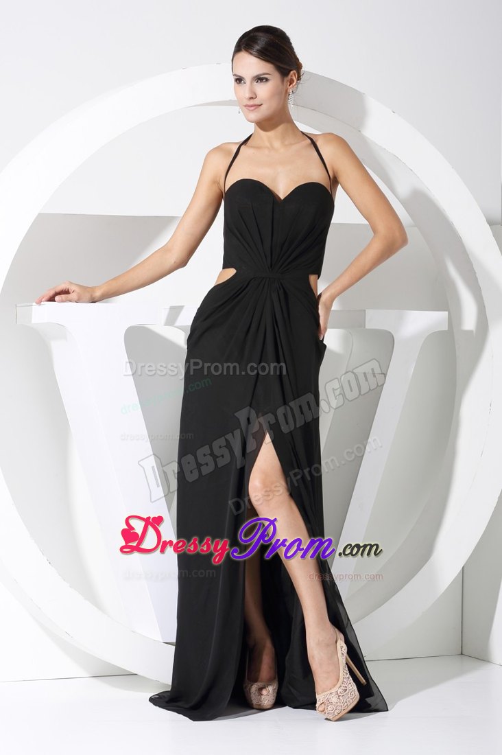 Black Halter High Slit Prom Homecoming Dress with Cutout Waist