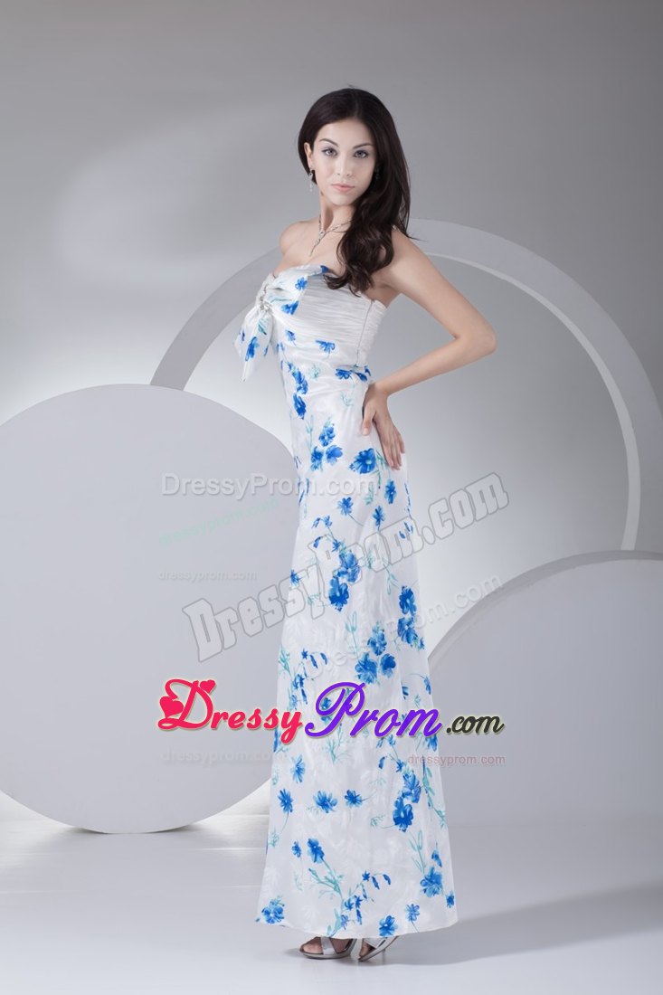 Printed Blue and White Prom Homecoming Dress with Bow and Beading