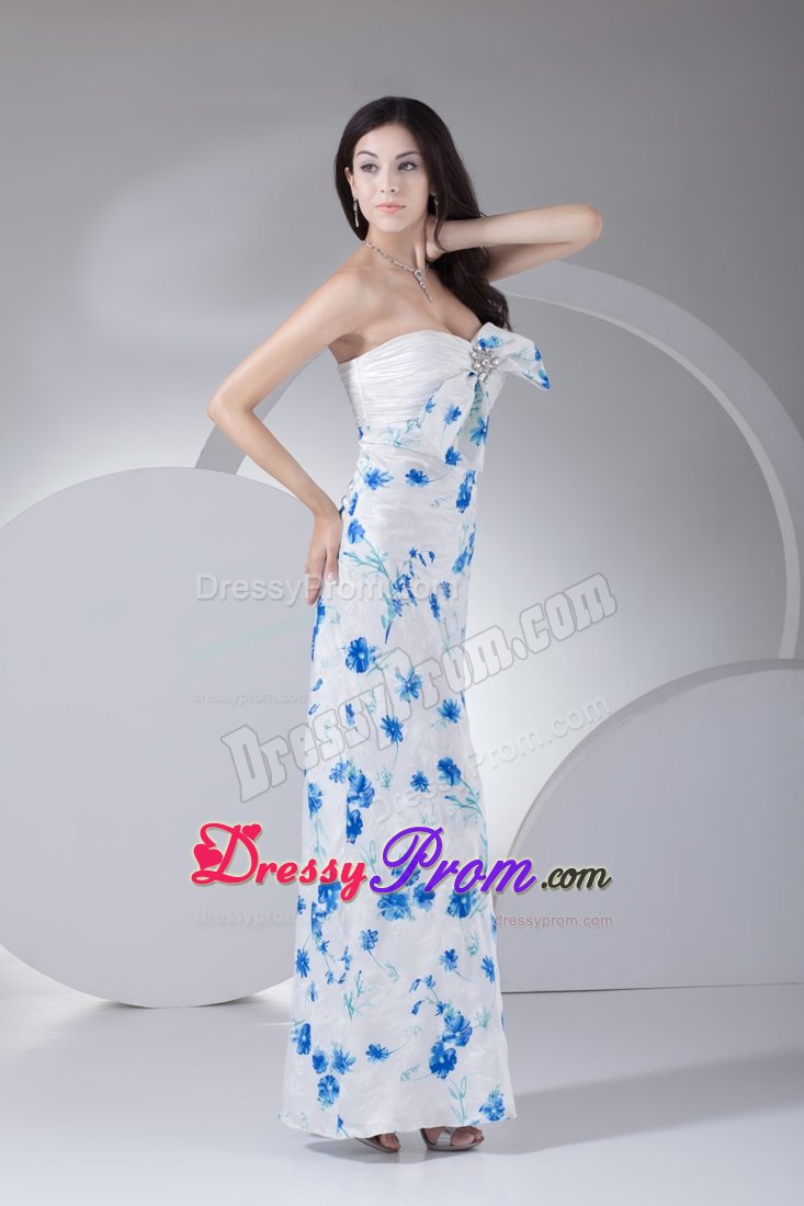Printed Blue and White Prom Homecoming Dress with Bow and Beading