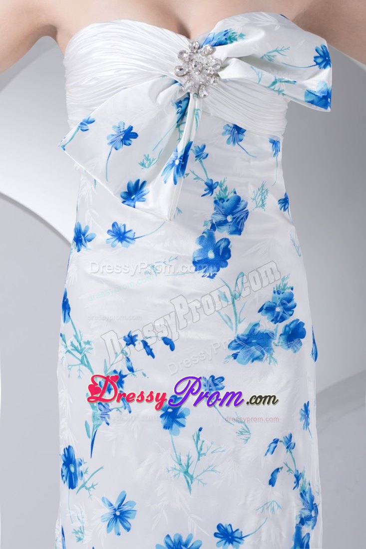 Printed Blue and White Prom Homecoming Dress with Bow and Beading