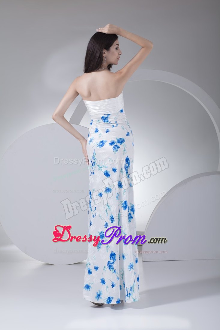 Printed Blue and White Prom Homecoming Dress with Bow and Beading