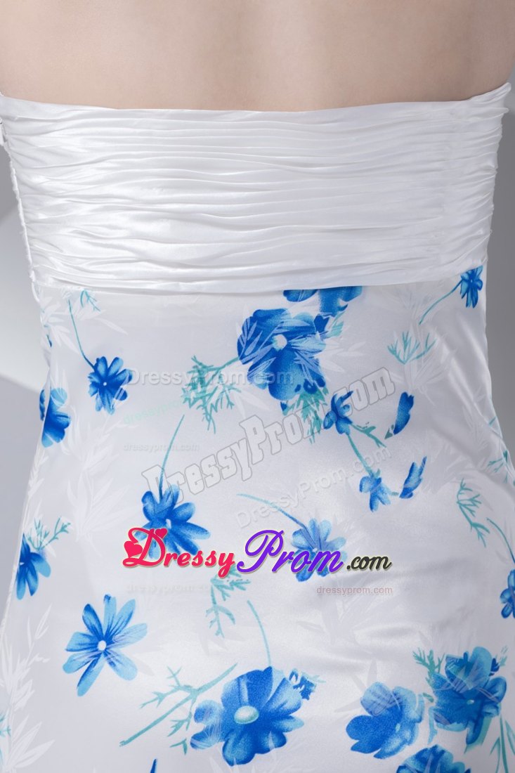 Printed Blue and White Prom Homecoming Dress with Bow and Beading